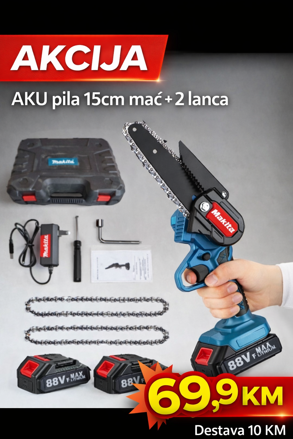 5af9dae0-4161-4235-b05e-e1cf3d4c3b8b Aku pila Makita 6” 2 baterije 2 lanca NOVO - Image 1